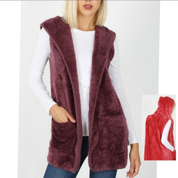 Soft Hooded Open Vest Purple - Burgandy w Pockets new - Picture 3 of 6